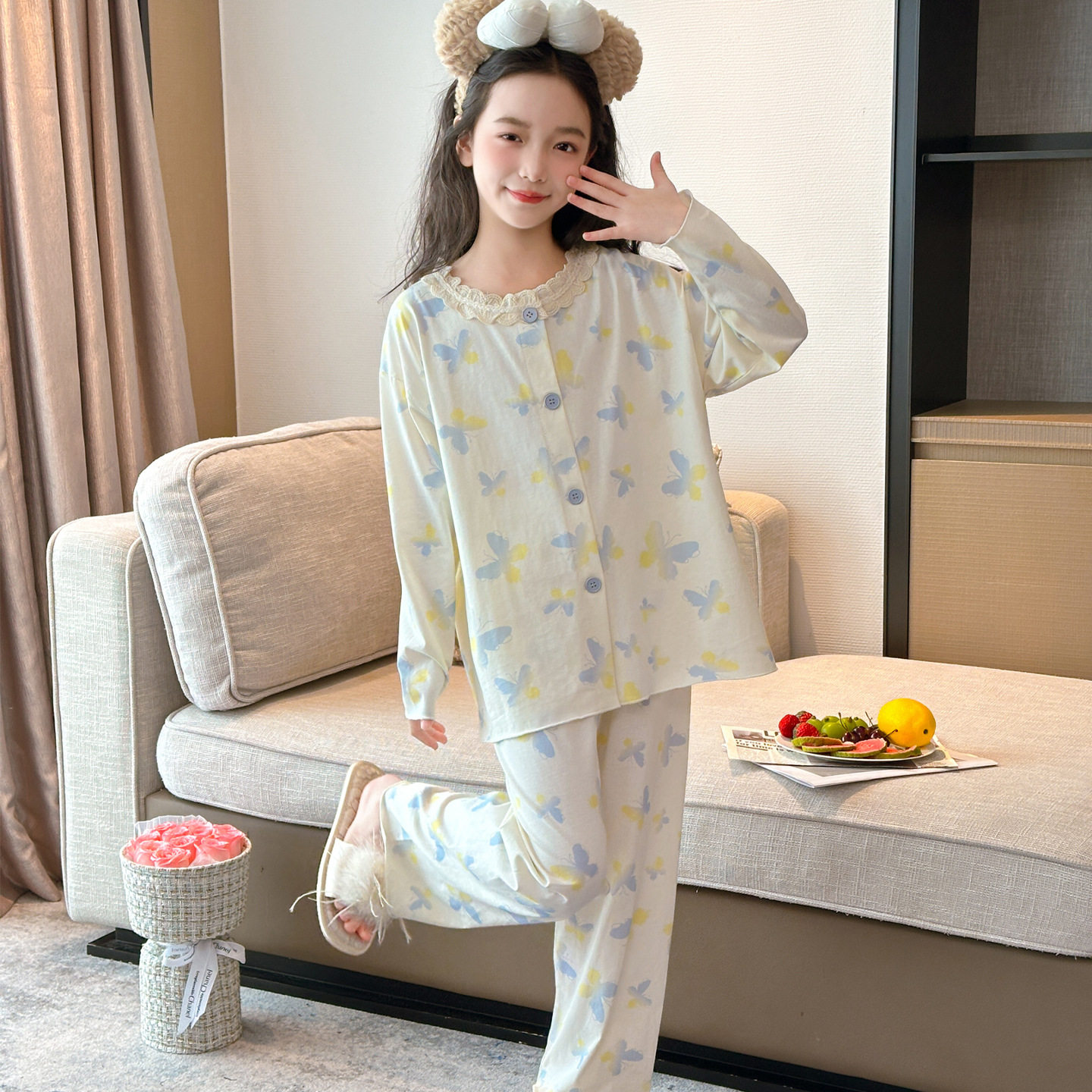 新款女童纯棉睡衣春秋2025初中生可外穿套装薄款青少年公主家居服