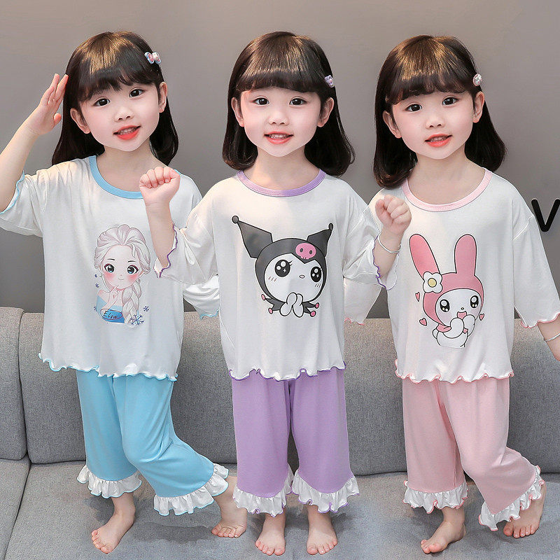 女童睡衣夏季薄款冰丝莫代尔女孩空调服公主风宝宝套装儿童家居服