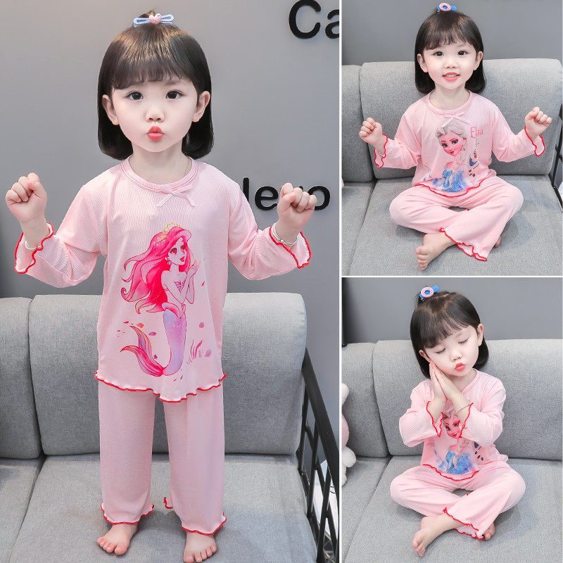 女童甜美公主睡衣春秋薄款长袖卡通印花家居服套装空调服