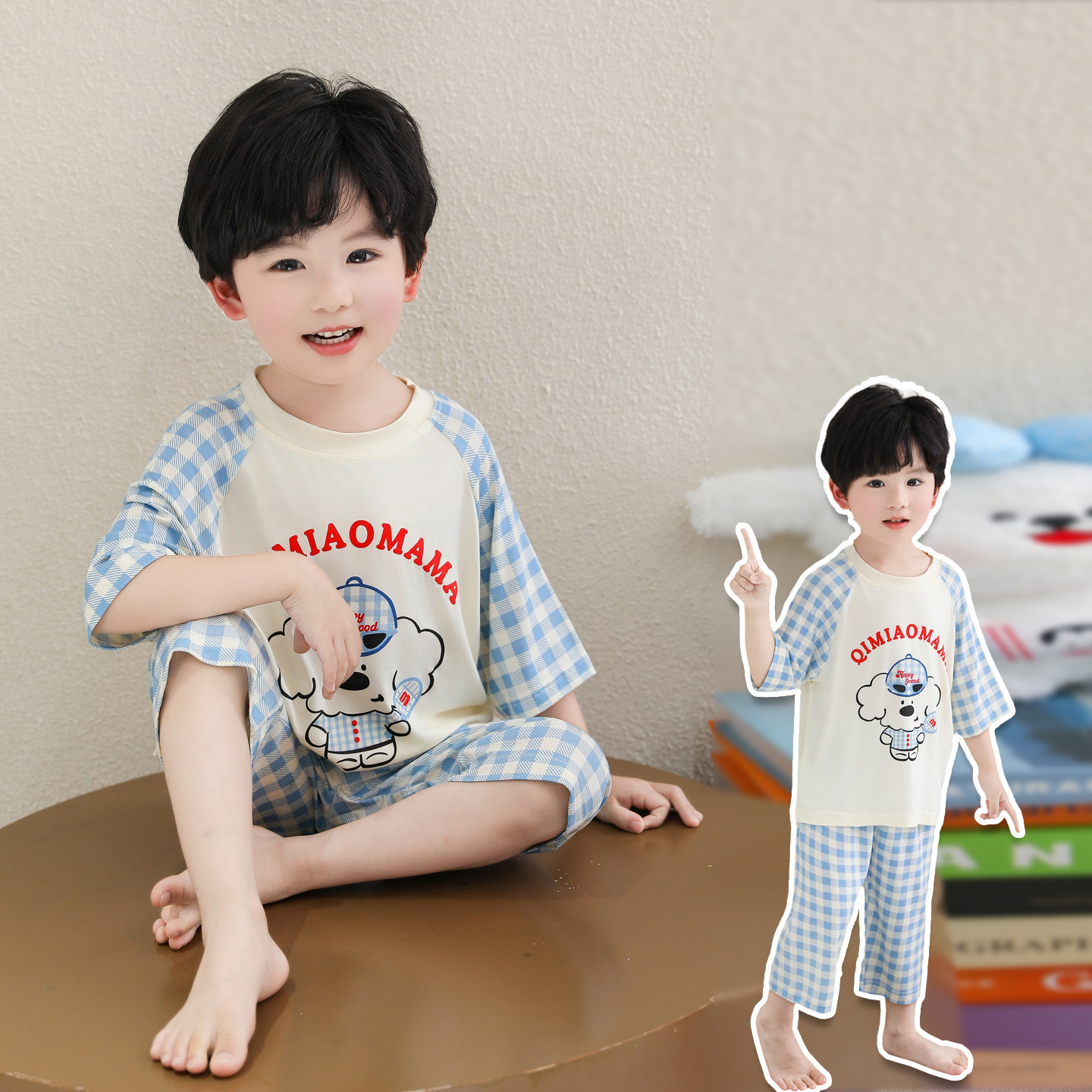 可爱风卡通小狗睡衣套装男童夏季薄款家居服短袖长裤两件套