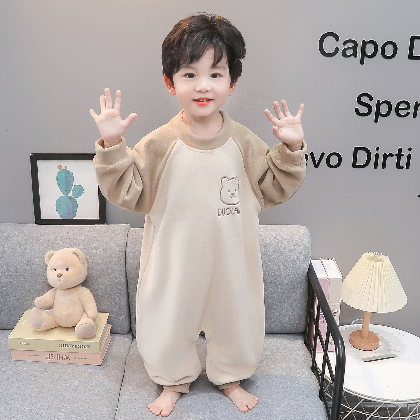 儿童连体睡衣男童奥粒绒防踢被睡袋秋冬男宝宝珊瑚绒婴儿家居爬服