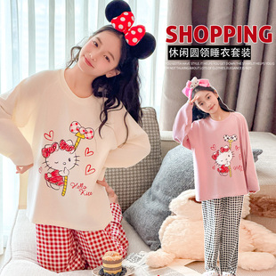 女童Hello Kitty纯棉睡衣套装春季长袖卡通家居服可外穿