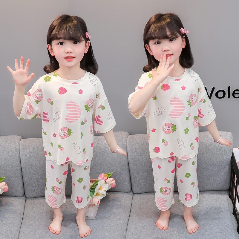 女童莫代尔睡衣夏季薄款卡通七分袖宝宝空调家居服套装