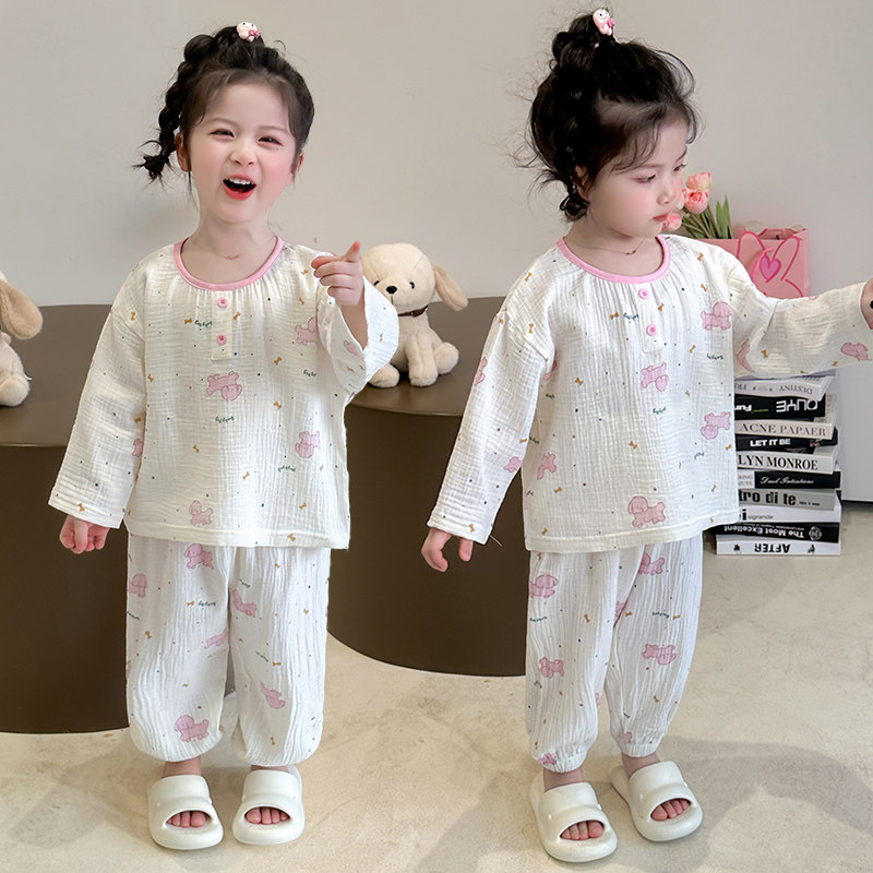 女童纯棉长袖家居服套装宝宝卡通睡衣春秋薄款双层纱布空调服,童装/婴儿装/亲子装,家居服套装,淘宝优惠券,粉丝福利购,淘宝优惠卷