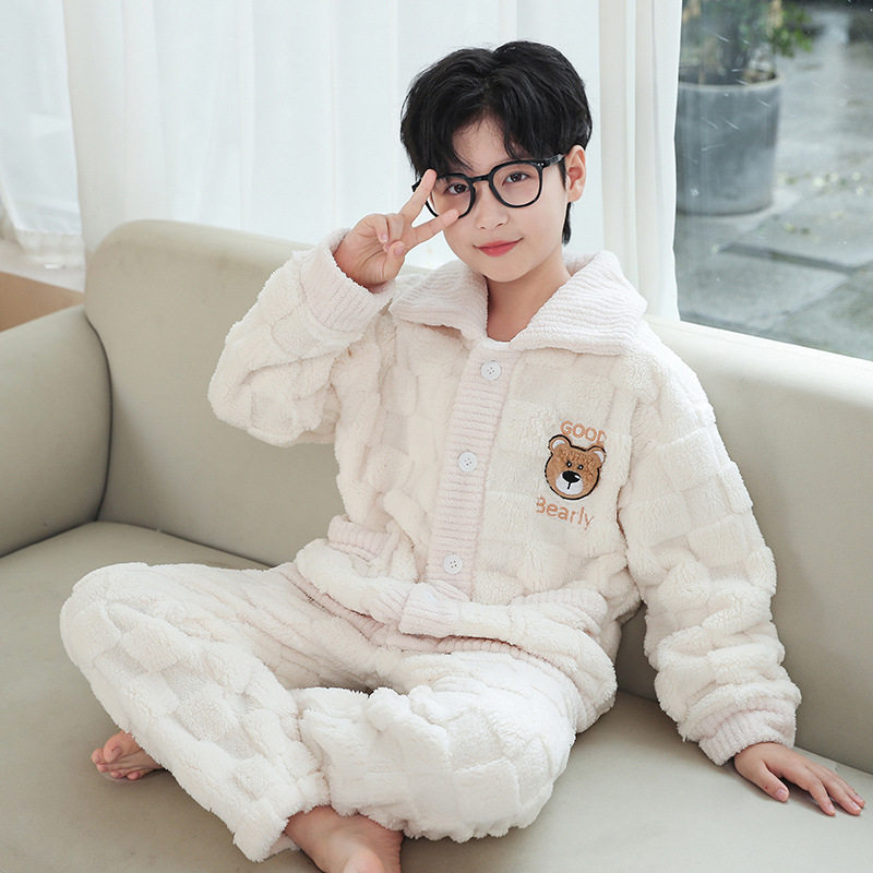 儿童睡衣男童秋冬季法兰绒加绒加厚保暖衣套装大童外穿男孩家居服
