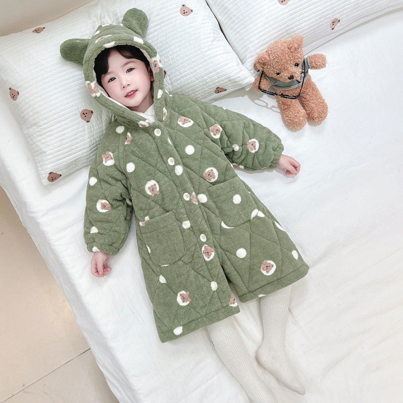 男童睡袍冬季法兰绒三层夹棉加厚