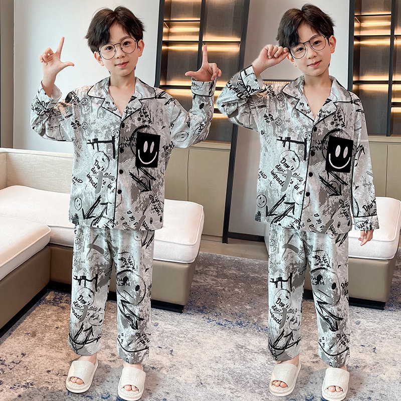 纯棉卡通印花家居服套装男童春秋长袖长裤可外穿宽松睡衣