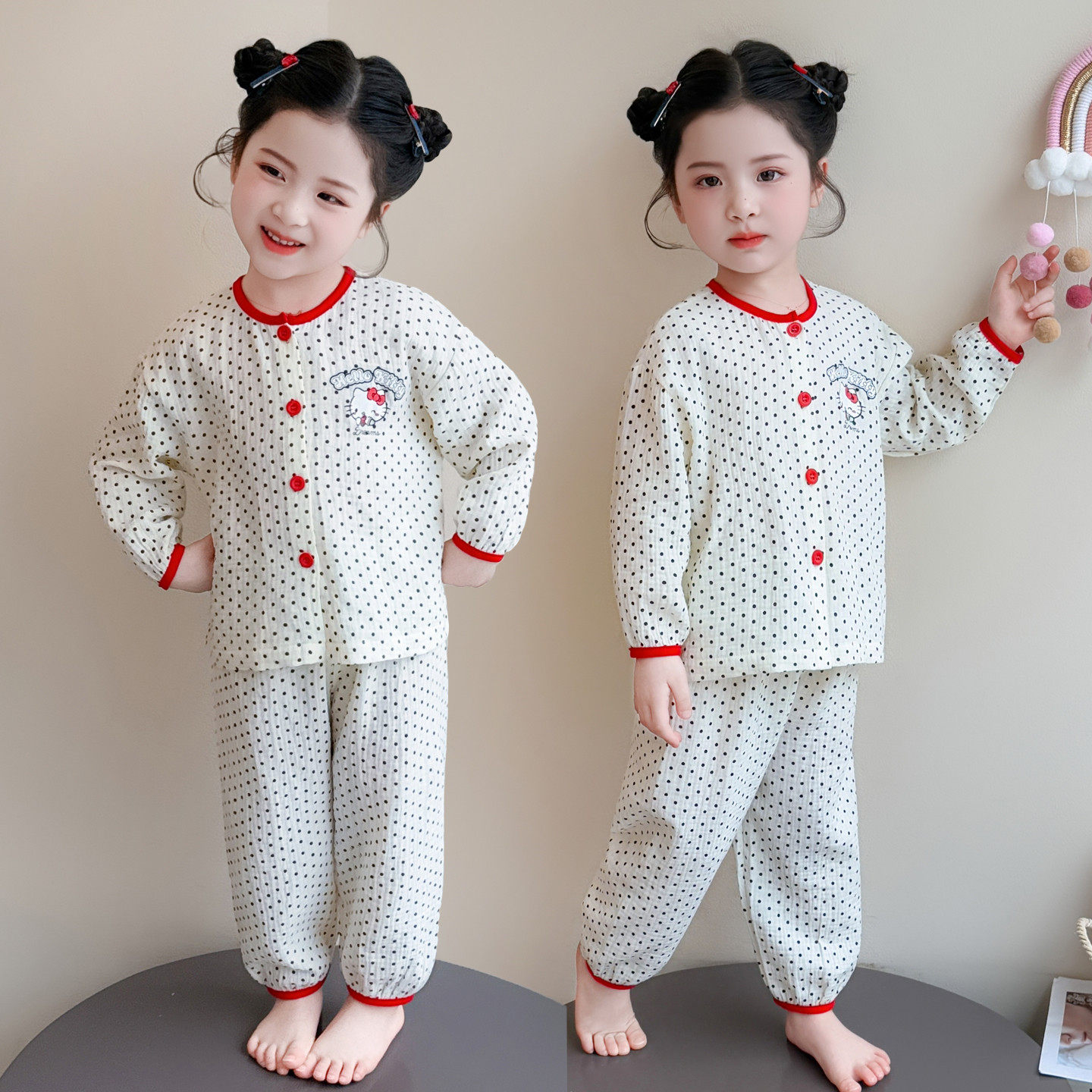 女童纱布睡衣春秋长袖开衫套装宝宝卡通家居服空调服