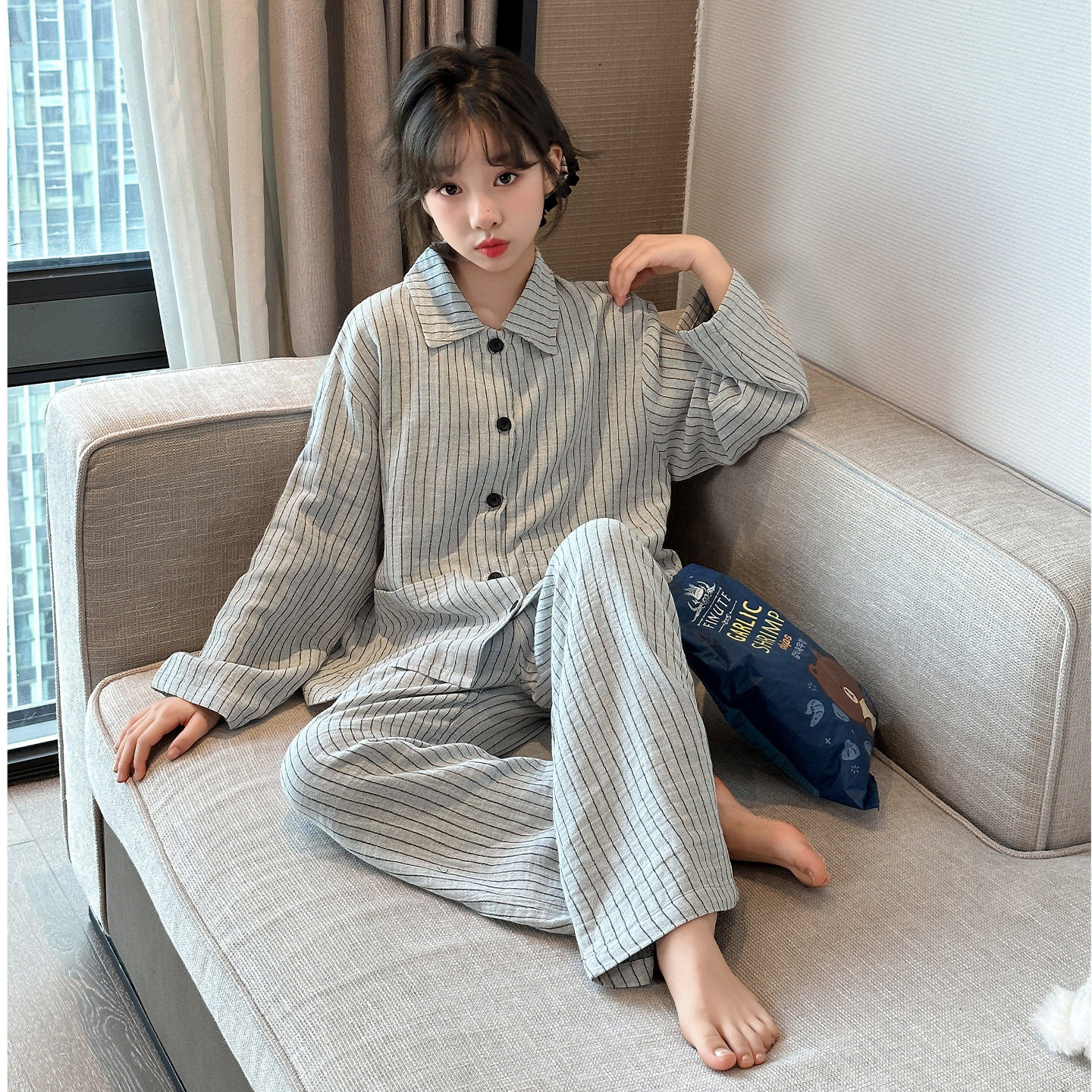 新款2025秋季女童双层纱装纯棉睡衣套装女孩公主风洋气休闲家居服