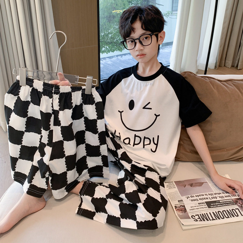 新款春夏款纯棉睡衣男童青少年短袖三件套2025儿童夏季空调家居服