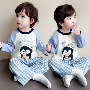 儿童卡通企鹅印花睡衣春秋长袖长裤家居服套装洋气可爱两件套