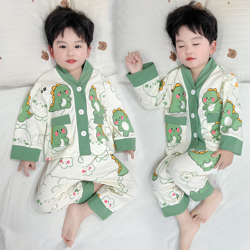 男童卡通恐龙睡衣纯棉春秋款分体式家居服套装可外穿洋气
