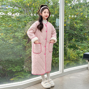 新款女童三层夹棉睡裙2025冬季纯色绗棉加绒加厚中大童可外穿睡袍