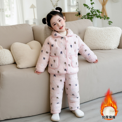 女童珊瑚绒睡衣套装冬季三层加厚