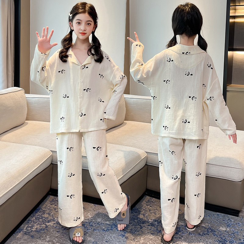 纯棉卡通熊猫家居服套装女春秋长袖可外穿小个子全棉睡衣