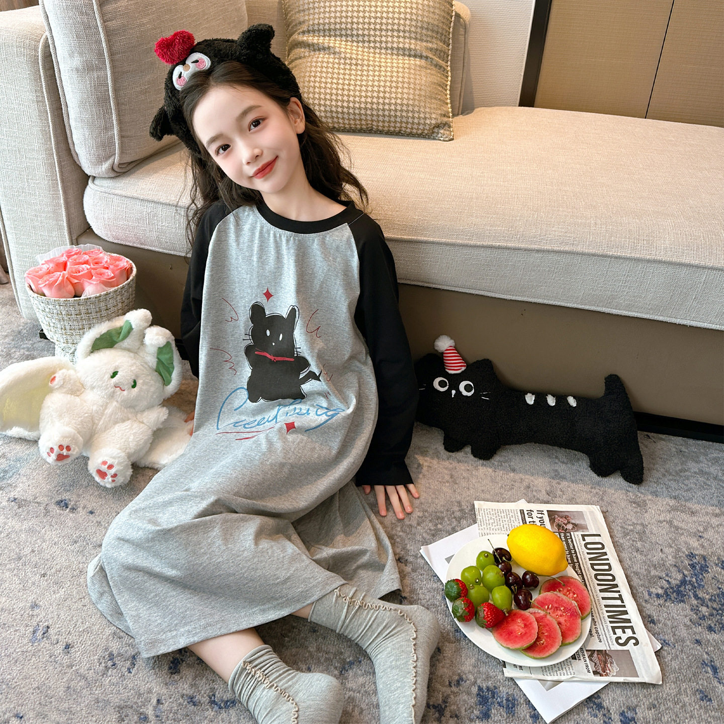 儿童加长睡裙女童春秋季纯棉长袖卡通家居裙初中生宽松亲子装睡衣