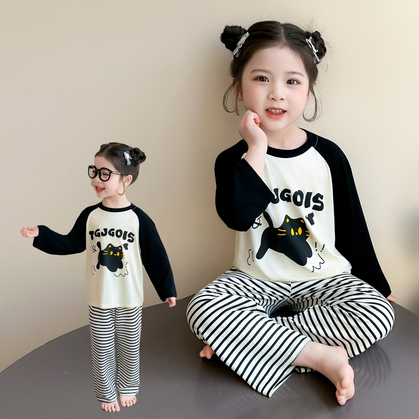 纯棉长袖猫咪条纹家居服套装女春秋防凸点睡衣女童2026新款