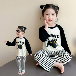 纯棉长袖猫咪条纹家居服套装女春秋防凸点睡衣女童2026新款