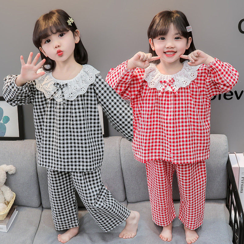甜美风女童纯棉格子睡衣春秋公主娃娃领长袖家居服套装可外穿