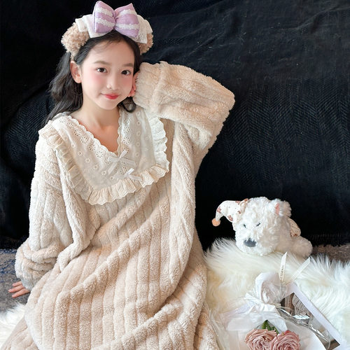 大童珊瑚绒睡衣女秋冬季公主蕾丝