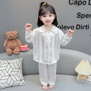 女童衬衫领睡衣套装春秋薄款家居服宝宝白色条纹两件套