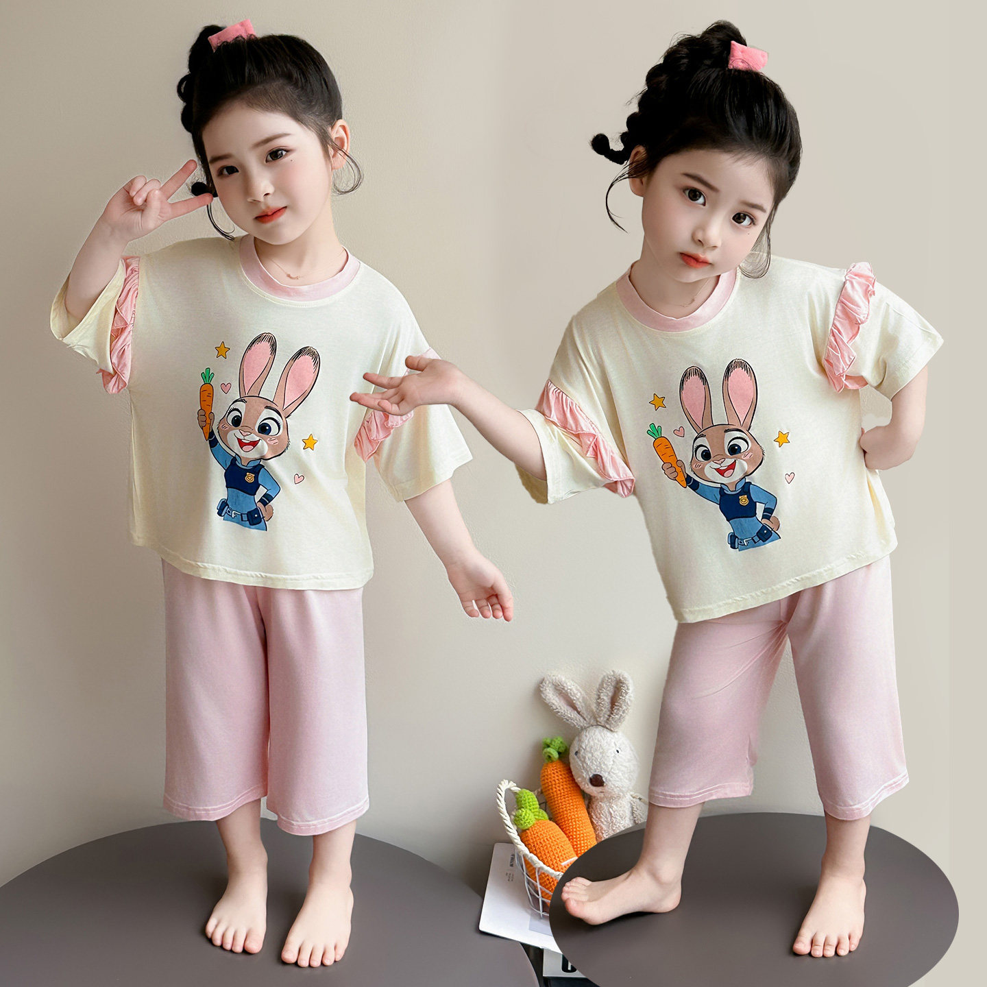 女童卡通兔子睡衣套装夏季薄款莫代尔长袖空调家居服