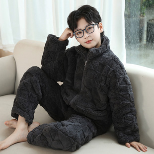 男童睡衣三层夹棉加厚儿童冬季法兰绒家居服巨厚保暖男孩冬装套装