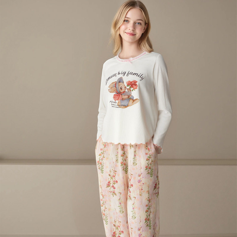 新款 女童春夏优可丝长袖睡衣套装小女孩中大童纯棉A类长裤家居服