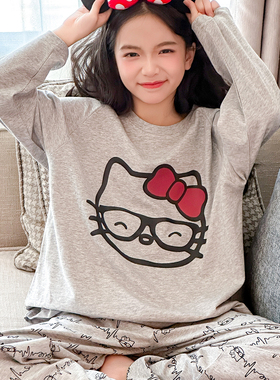 女童HelloKitty卡通睡衣纯棉长袖春秋家居服套装可外穿