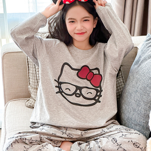 女童HelloKitty卡通睡衣纯棉长袖春秋家居服套装可外穿