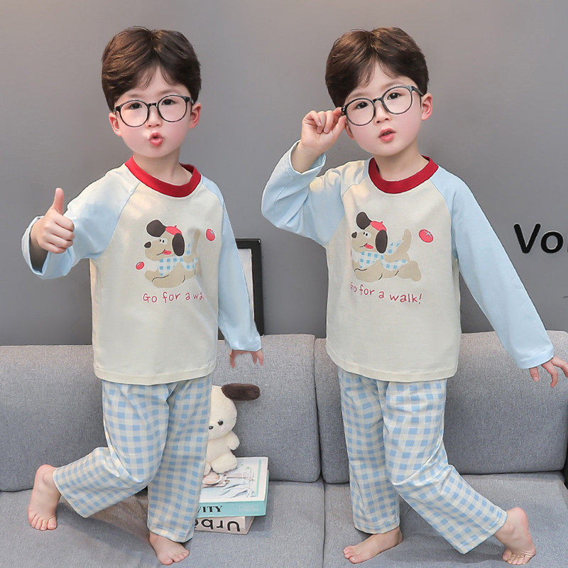 男童睡衣套装2025春秋纯棉男宝宝可爱小狗格子裤居家服休闲两件套