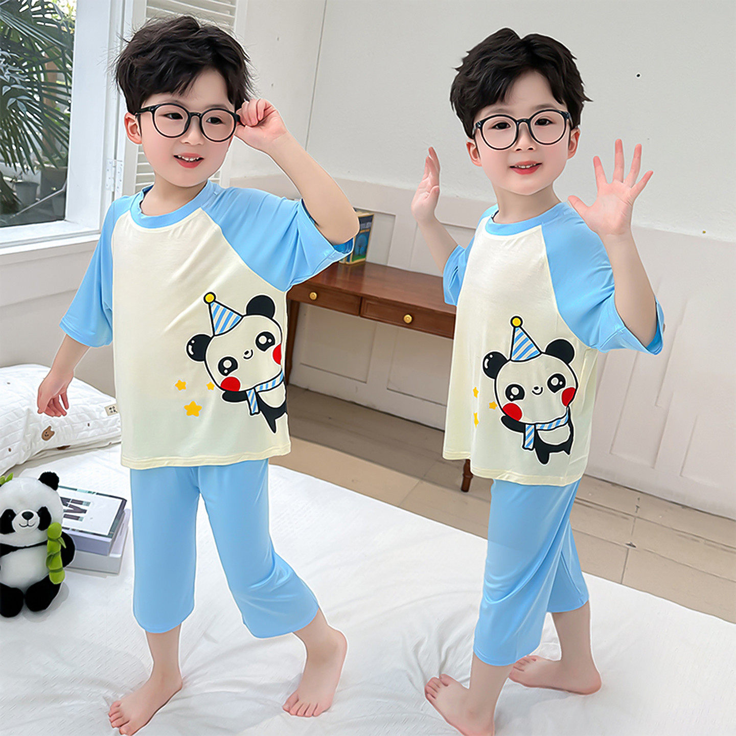 男童卡通熊猫睡衣夏季薄款莫代尔男孩宝宝透气家居服套装