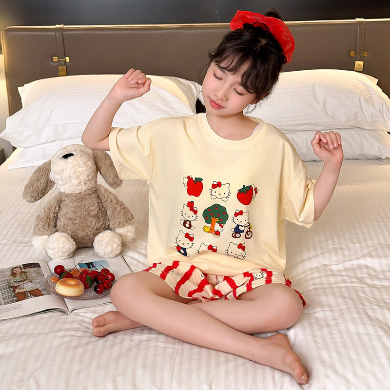 2025夏女童卡通印花套头短袖短裤纯棉睡衣中大童可外穿家居服套装