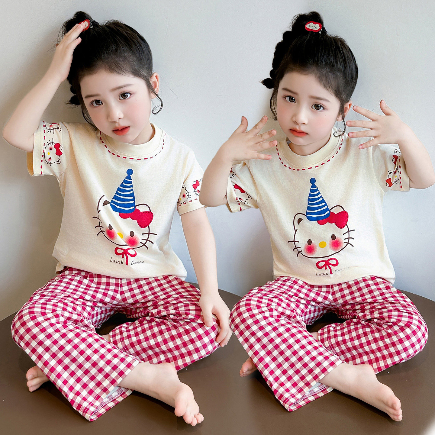 可爱风儿童长裤短袖卡通图案睡衣套装女童夏季薄款家居服两件套