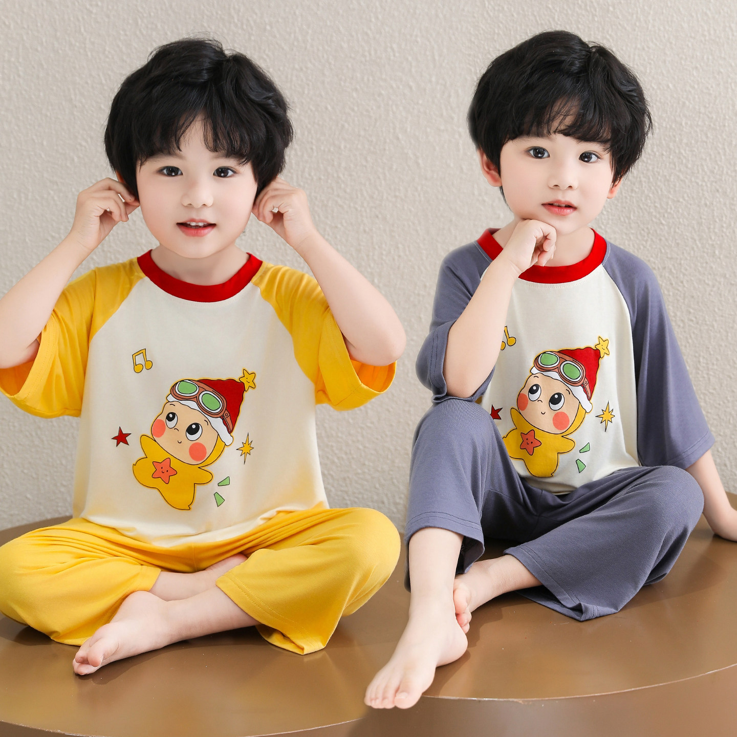 夏季儿童莫代尔睡衣男童七分袖空调家居服宝宝卡通星星人套装