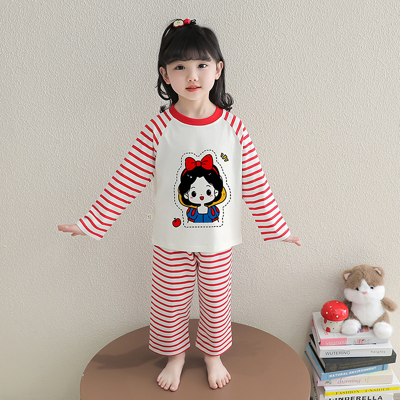 女童长袖条纹卡通家居服春秋夏季纯棉卡通公主宽松柔软舒适套装