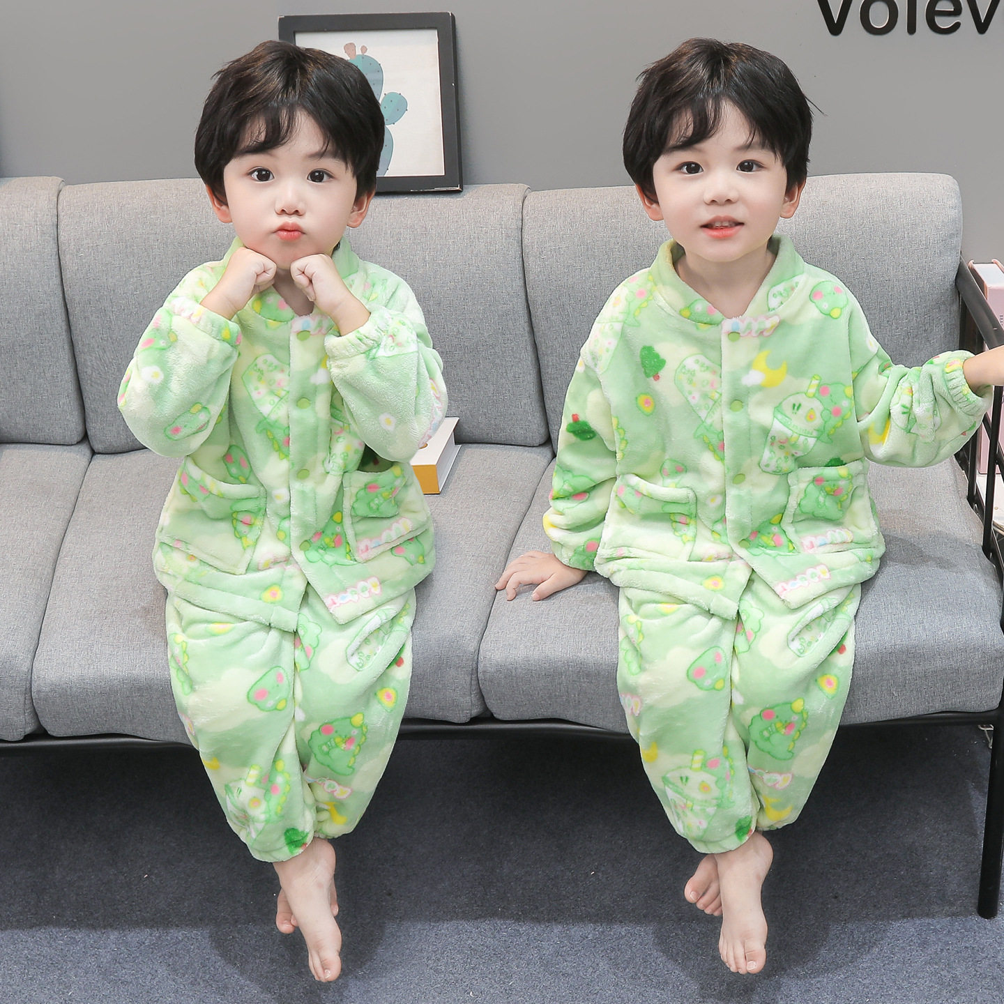 儿童珊瑚绒睡衣男童秋冬加厚款男孩宝宝法兰绒家居服卡通开衫套装