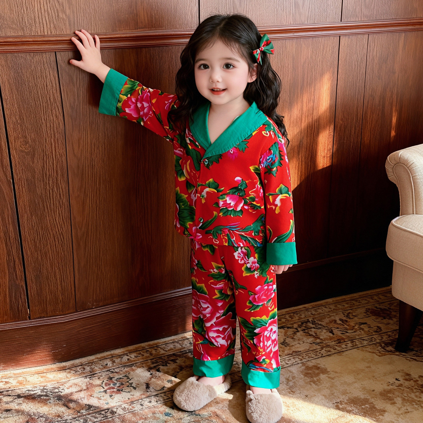 儿童东北大花家居服套装女童春秋长袖印花两件套中国风可外穿