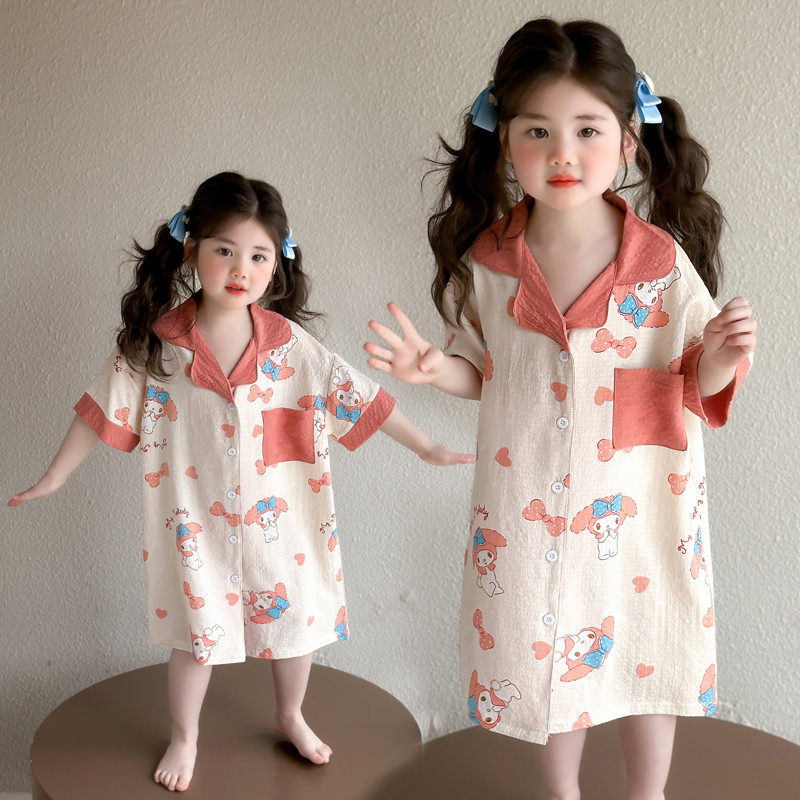 女童睡裙夏季2026新款女孩睡袍中长款宝宝薄款睡衣可爱超萌家居服