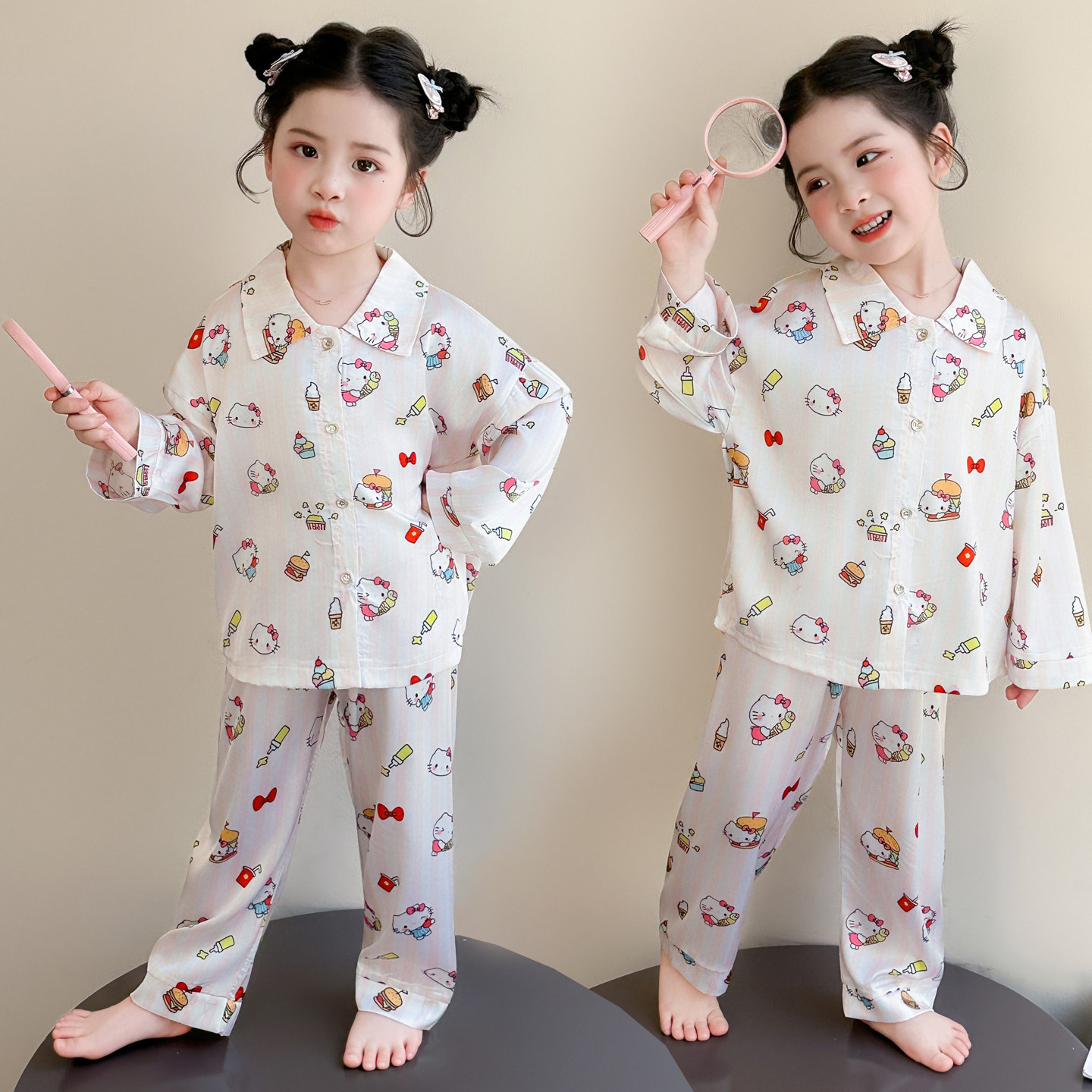 甜美风女童卡通印花睡衣春秋长袖翻领开衫分体家居服套装