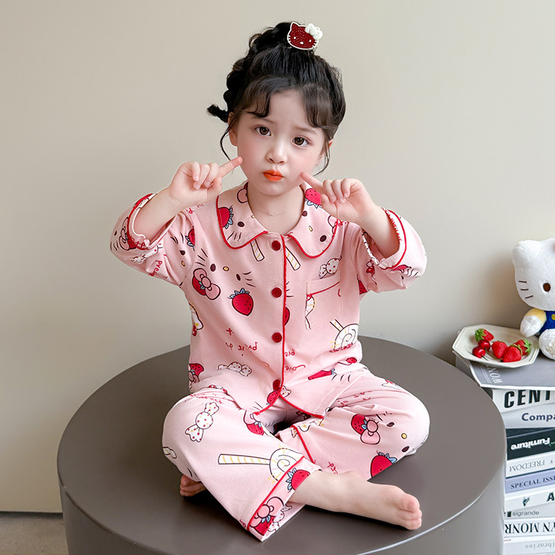 女童春秋纯棉卡通开衫睡衣公主风家居服套装防着凉