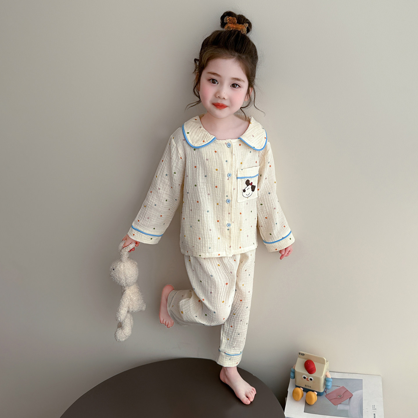 甜美风女童纯棉波点睡衣套装春季娃娃领开衫家居服两件套