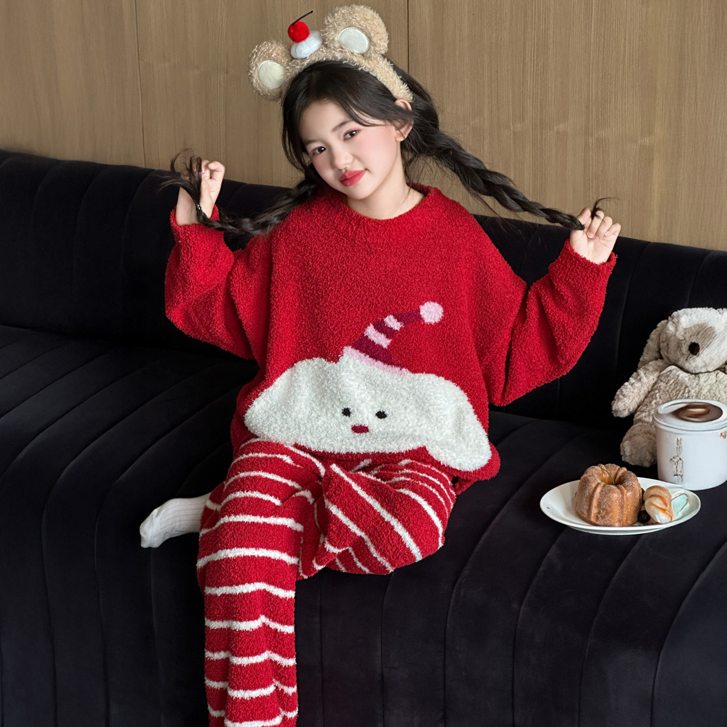 女童半边绒睡衣套装中大儿童秋冬加厚休闲条纹慵懒风家居服新年装