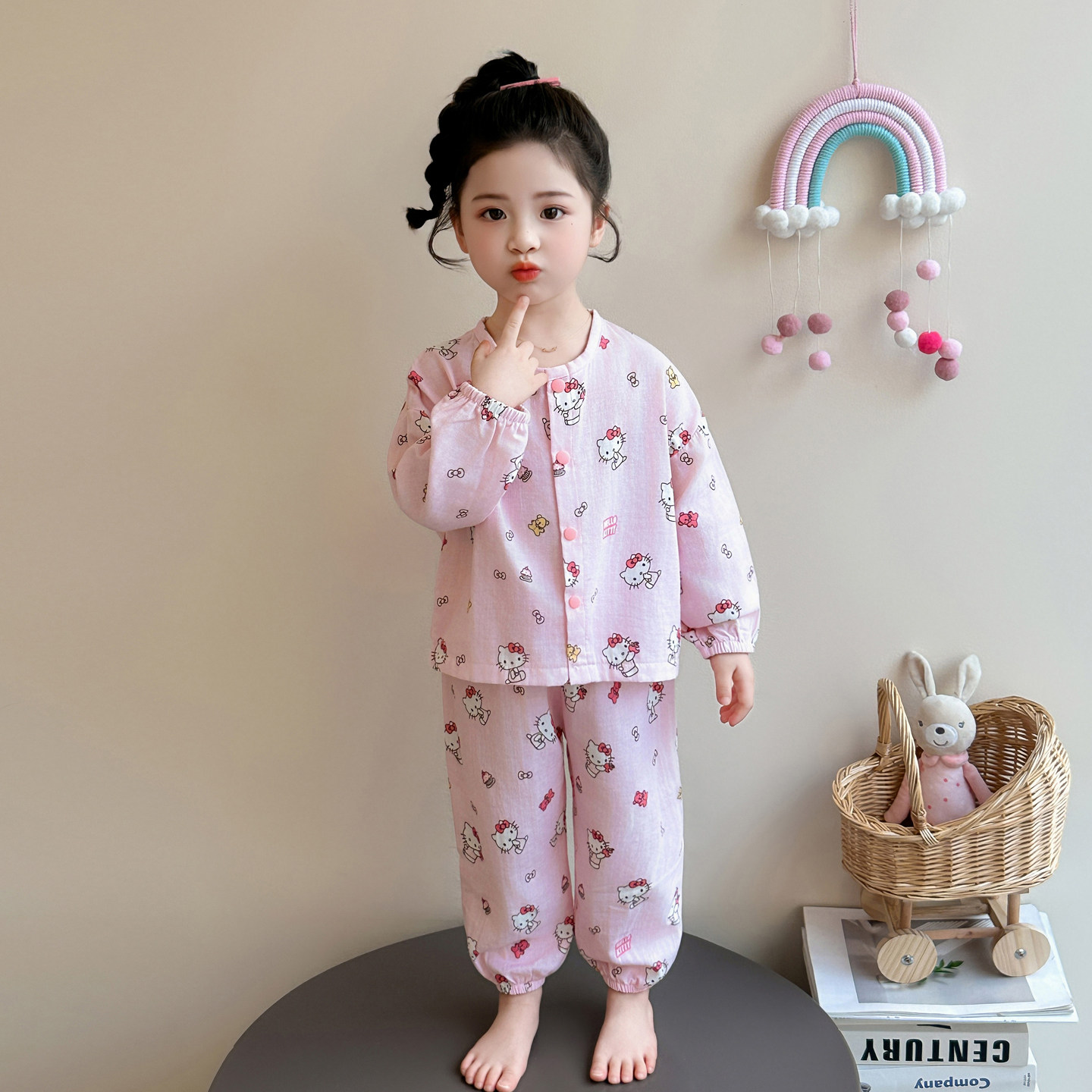 女童卡通纯棉纱布长袖睡衣套装