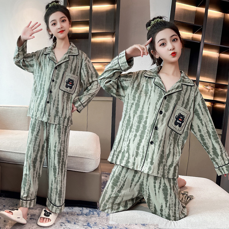 纯棉卡通家居服套装女春秋长袖翻领开衫小个子宽松睡衣两件套