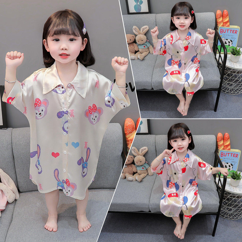 女童夏季薄款卡通印花睡裙短袖儿童睡裙翻领开衫家居服可爱风睡袍