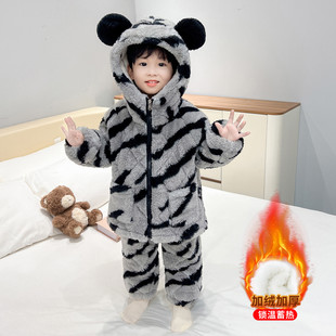 男童睡衣儿童冬季三层夹棉加厚珊瑚绒男孩立领棉衣套装童装家居服