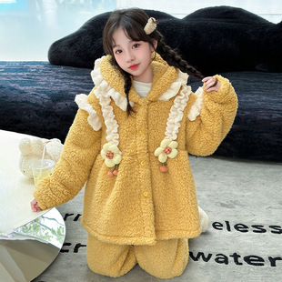 新款2025冬季女童法兰绒连帽家居服套装甜美花朵可外穿中大童睡衣