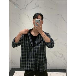 韩国东大门代购时尚轻奢潮流复古格子慵懒宽松休闲百搭长袖衬衫男