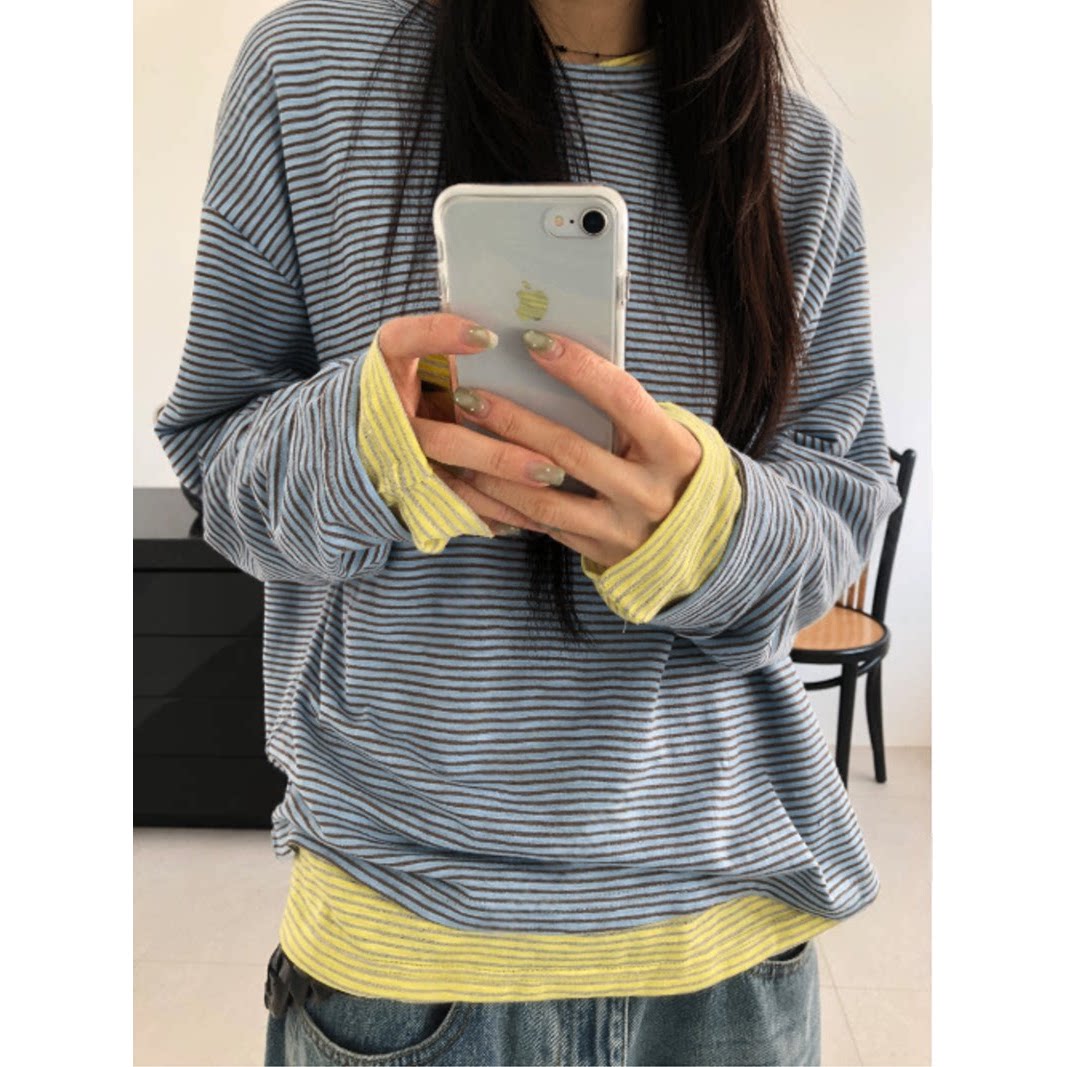 韩国东大门代购春季时尚STRIPE LONG SLEEVE条纹长袖T恤衫男女款